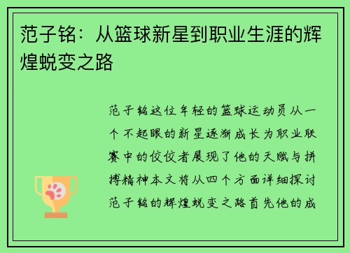 范子铭：从篮球新星到职业生涯的辉煌蜕变之路