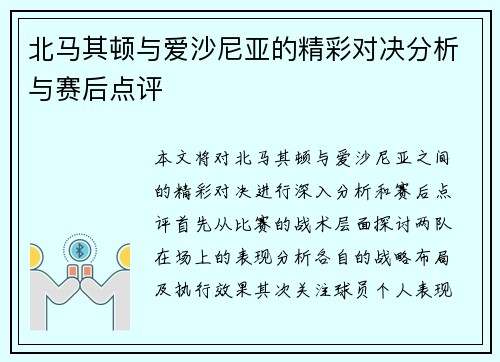 北马其顿与爱沙尼亚的精彩对决分析与赛后点评