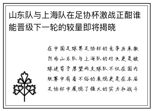 山东队与上海队在足协杯激战正酣谁能晋级下一轮的较量即将揭晓